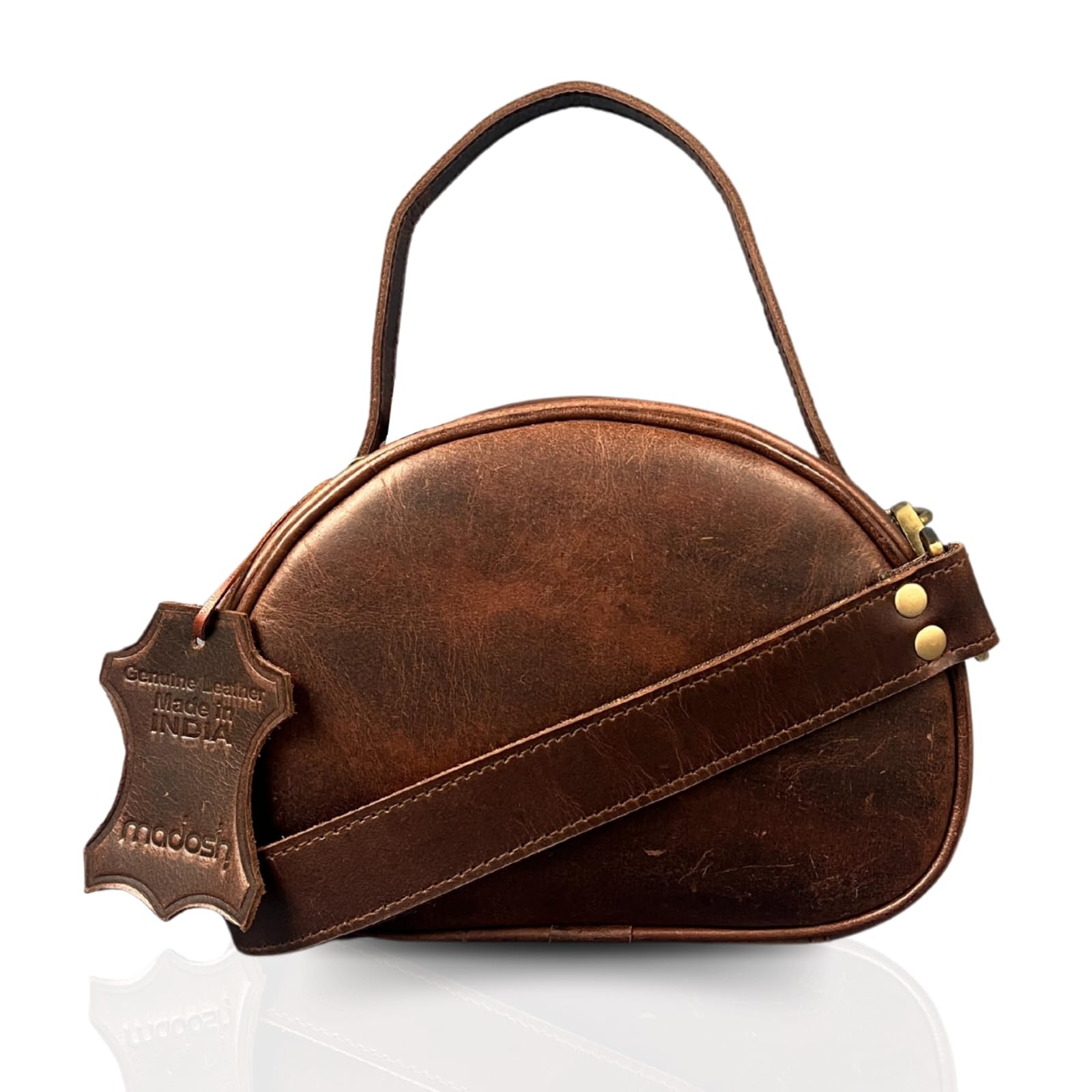 Madosh, Genuine Leather Brown Small Semi-Circle Shoulder Crossbody Bag with Top Handle Satchel Handbag for women.